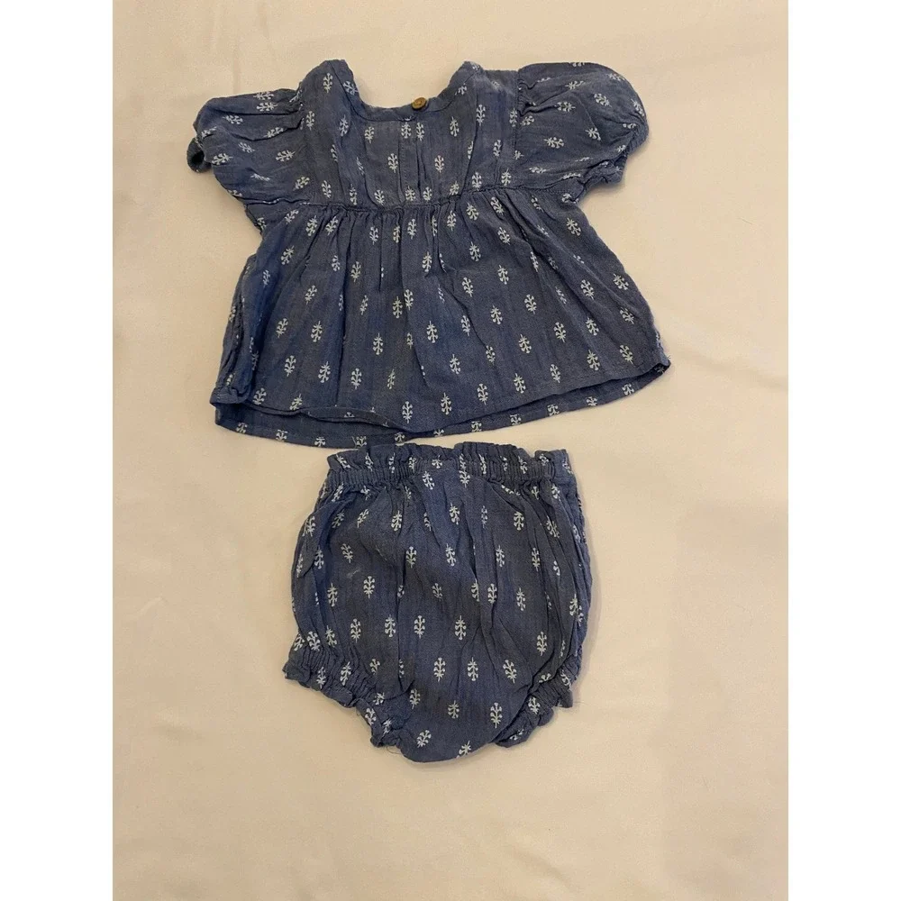 Old Navy Baby Girl Embroidered Floral Boho Top & Bloomers Set 0-3M Blue White
